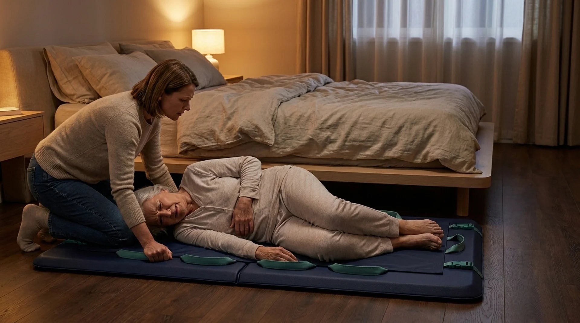 Daughter comforting her mother lying on the TransferMat after a fall beside the bed