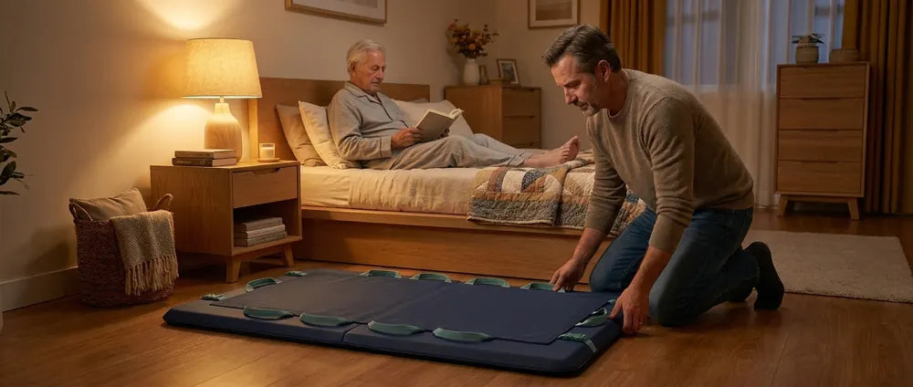 Adult son placing the TransferMat beside his father's bed