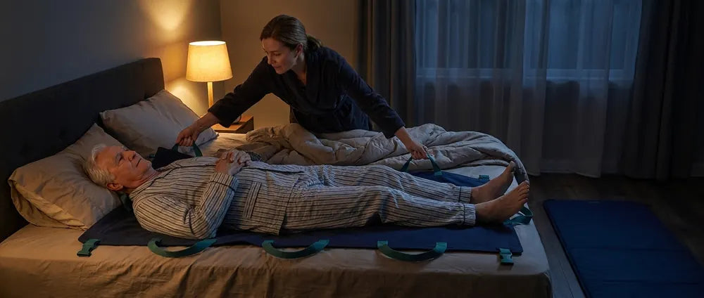 Adult daughter lifting her father onto the bed using the TransferMat lift sheet handles at night